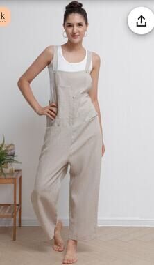 Artsy Hunter & Brown Boho Chic Linen Blend Overalls Natural Oatmeal M